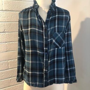 BEW Abound Teal Black Plaid Ruffle Shirt